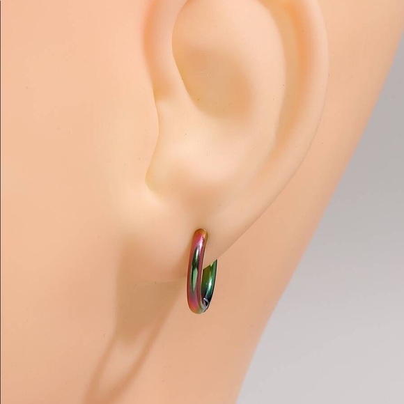 Oil Slick Titanium Thick Hoop Ear Hugger Steel Earrings, Unisex - Picture 3 of 4